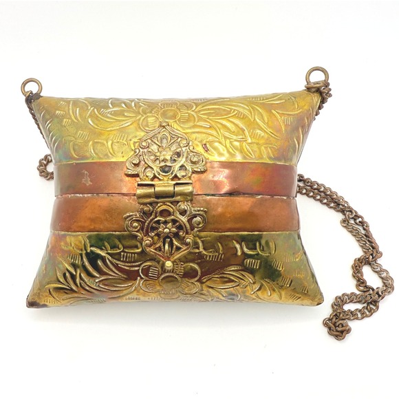Vintage 1930's Art Deco Brass Copper Metal Pillow Puff‎ Hard Shell Purse - Picture 1 of 8